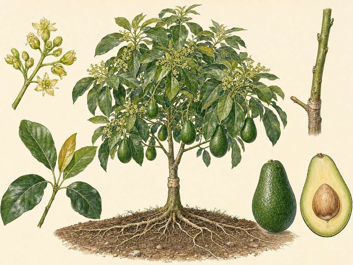 Ilustração botânica de abacateiro enxertado com folhas grandes, panículas de flores pequenas e abacates verdes, um cortado com caroço
