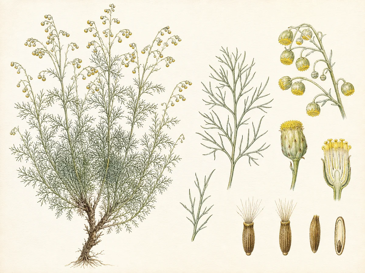 Prancha botânica de Artemisia abrotanum com subarbusto ereto, folhas cinzento-verdes muito finamente divididas e panículas de pequenos capítulos amarelos