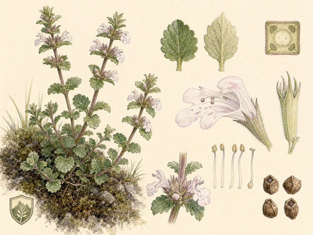 Prancha botânica de Teucrium francoi com herbácea aromática, folhas opostas crenadas, verticilastros de flores pálidas e cálice ampliado