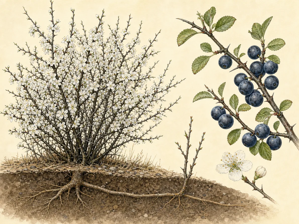 Ilustração botânica de abrunheiro-bravo espinhoso com flores brancas antes das folhas, abrunhos azul-escuros e rebento de raiz