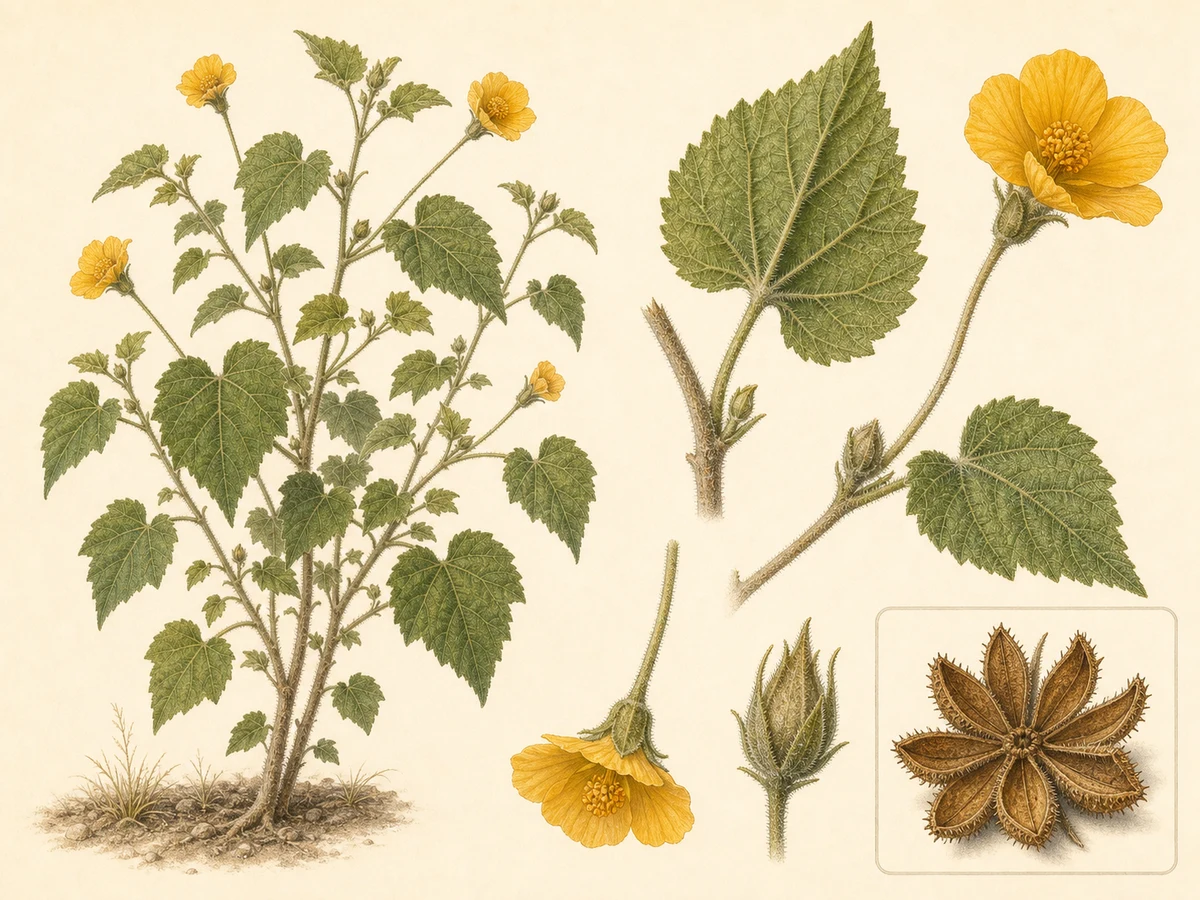 Prancha de Abutilon sonneratianum com arbusto aveludado, folhas cordadas e flores amarelas axilares, incluindo mericarpos