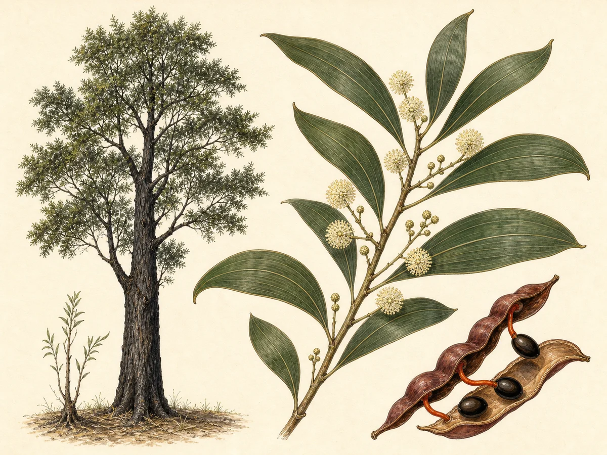 Prancha de Acacia melanoxylon com árvore escura, filódios largos de nervuras paralelas, capítulos creme e vagens torcidas com funículos vermelhos