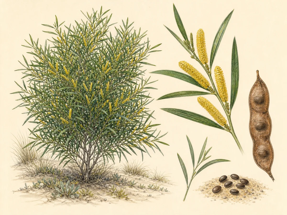Prancha de Acacia longifolia com arbusto de duna, filódios longos, espigas florais amarelas, vagem, sementes e plântula