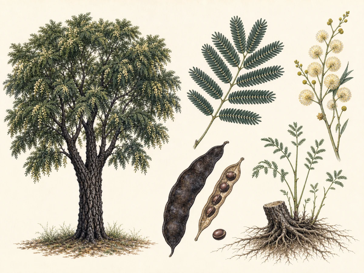 Prancha botânica de Acacia mearnsii com árvore de casca escura, folha bipinada, capítulos florais creme, vagem e rebentos de raiz