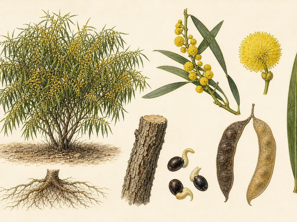 Prancha botânica de Acacia retinodes com arbusto perene, filódios estreitos, capítulos amarelos, vagens e sementes