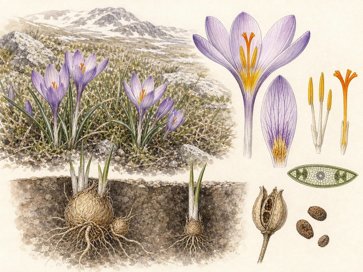 Prancha botânica de Crocus carpetanus com cormo envolvido por túnicas, folhas estreitas com faixa clara, flor lilás de tubo longo, estames amarelos, estigma dividido e cápsula