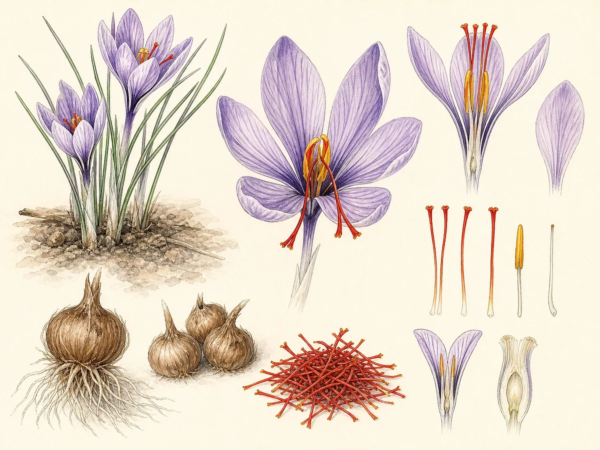 Prancha botânica de açafrão com flor violeta, três estigmas vermelhos, folhas finas, cormo tunicado, cormilhos e raízes