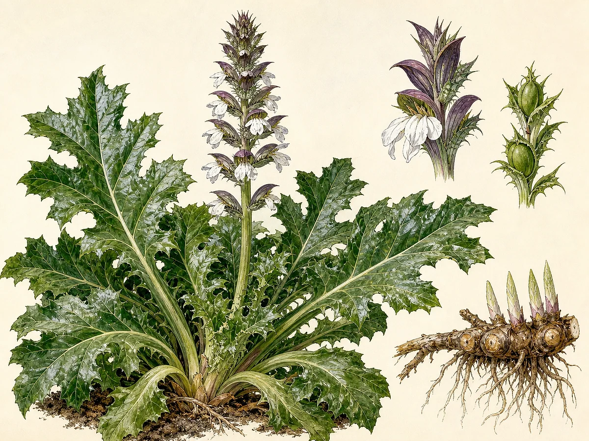 Prancha botânica de Acanthus mollis com grandes folhas basais recortadas e brilhantes, espiga alta de flores brancas e púrpura e cápsulas