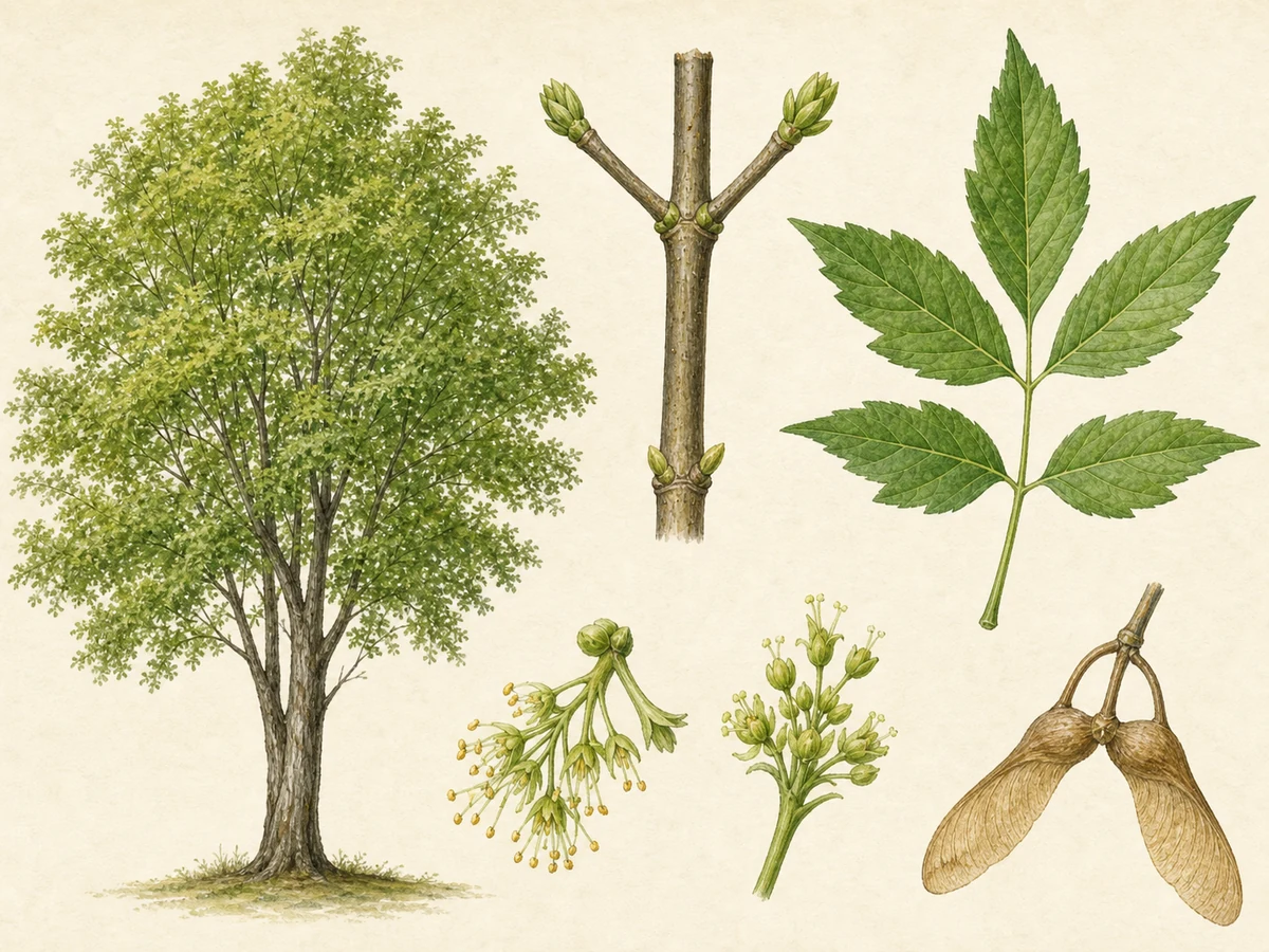 Prancha ilustrada de Acer negundo com árvore caducifólia, ramo de folhas opostas pinadas com três a sete folíolos, flores pendentes separadas por sexo e par de sâmaras