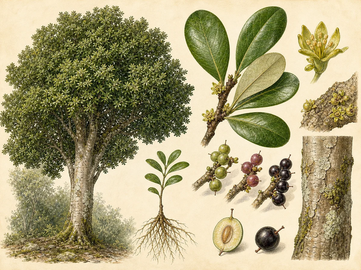 Prancha botânica de Heberdenia excelsa com árvore de casca clara, folhas obovadas alternas, flores caulifloras, bagas escuras, semente e raízes