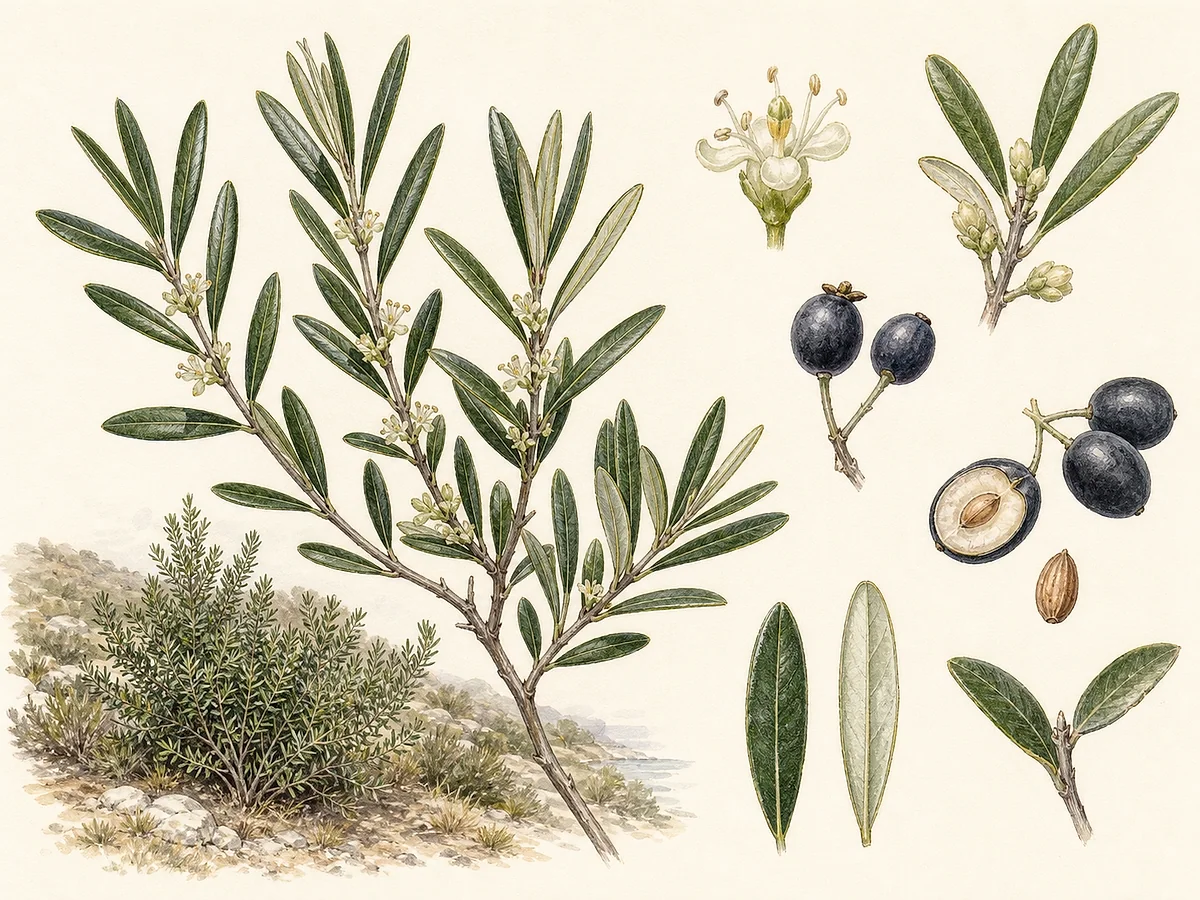 Prancha botânica de Phillyrea angustifolia com arbusto perenifólio, folhas opostas muito estreitas e inteiras, pequenas flores claras e drupas azul-negras