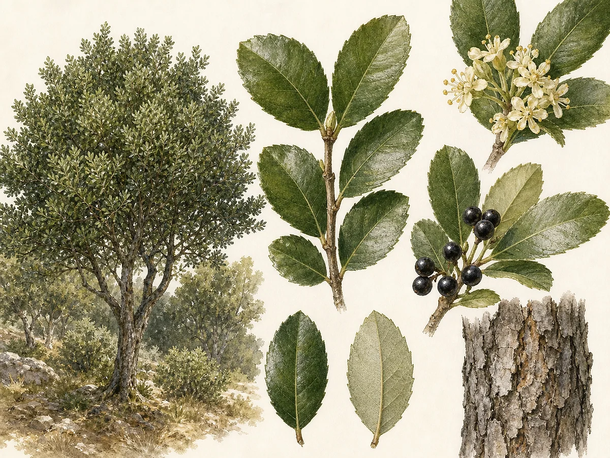 Prancha botânica de Phillyrea latifolia com pequeno arvoredo perenifólio, folhas opostas largas e serradas, cachos de flores creme e pequenas drupas negras