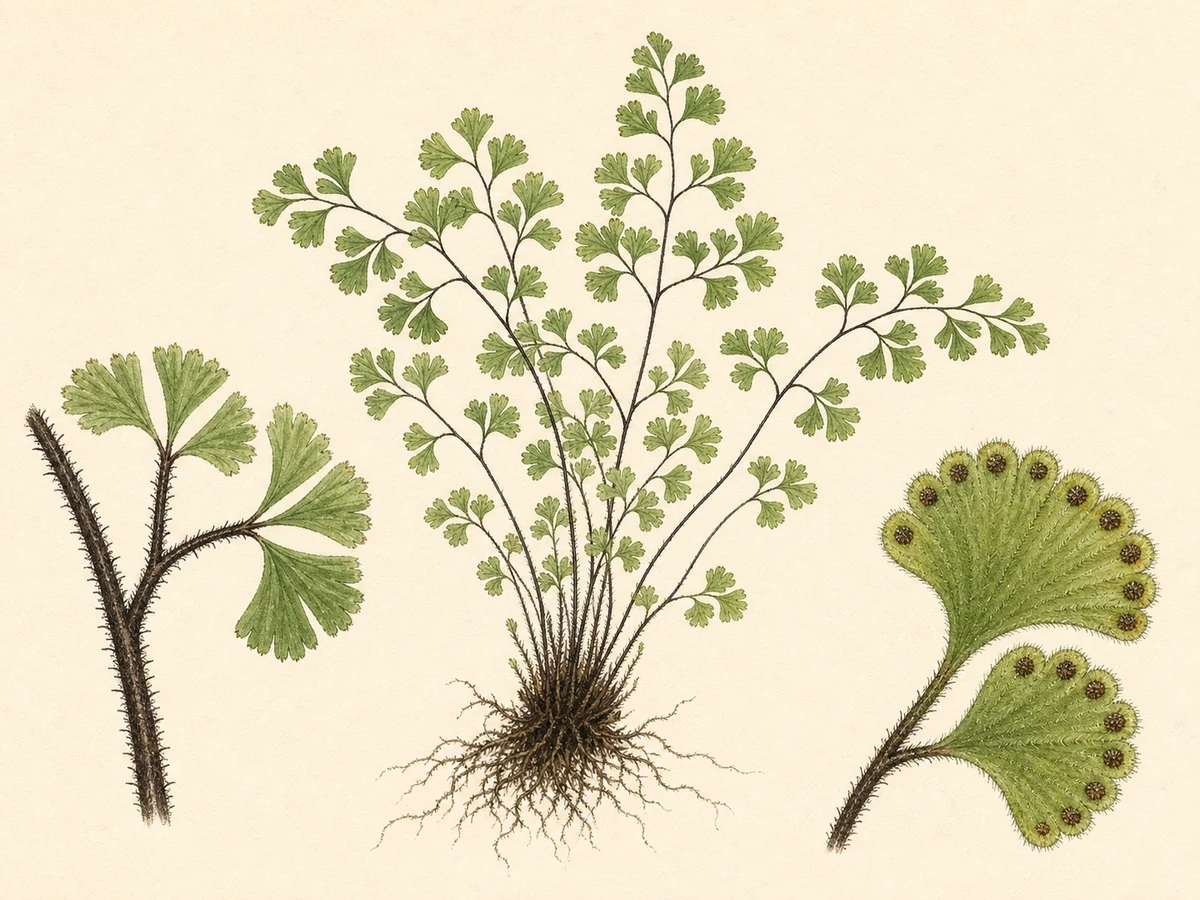Prancha ilustrada de Adiantum hispidulum com frondes palmadas, estipes negros ásperos, segmentos em leque pubescentes e soros marginais
