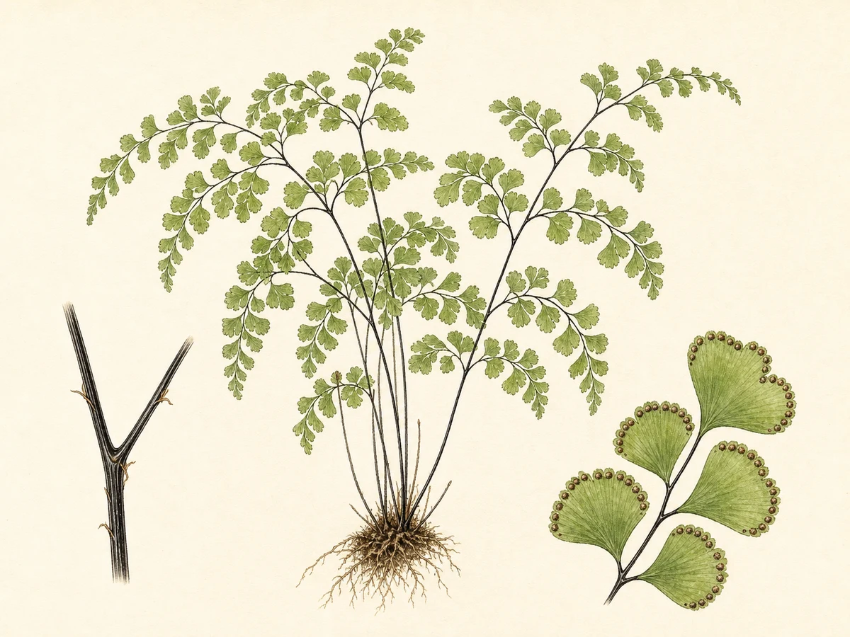 Prancha ilustrada de Adiantum raddianum com frondes arqueadas delicadas, raques escuras, segmentos em leque e soros marginais