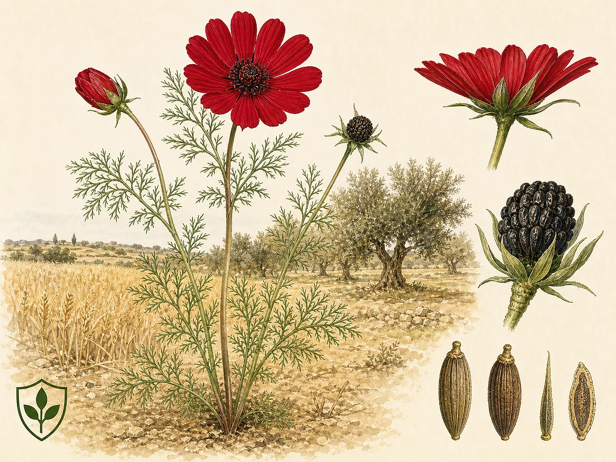 Prancha botânica de Adonis annua com folhas muito divididas, flor vermelho-sangue de centro escuro, sépalas, fruto agregado e aquénios
