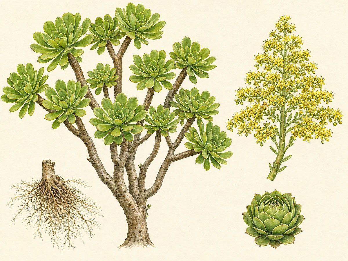 Ilustração botânica de aeónio-arbóreo verde com caules lenhosos ramificados, rosetas terminais e panícula de flores amarelas