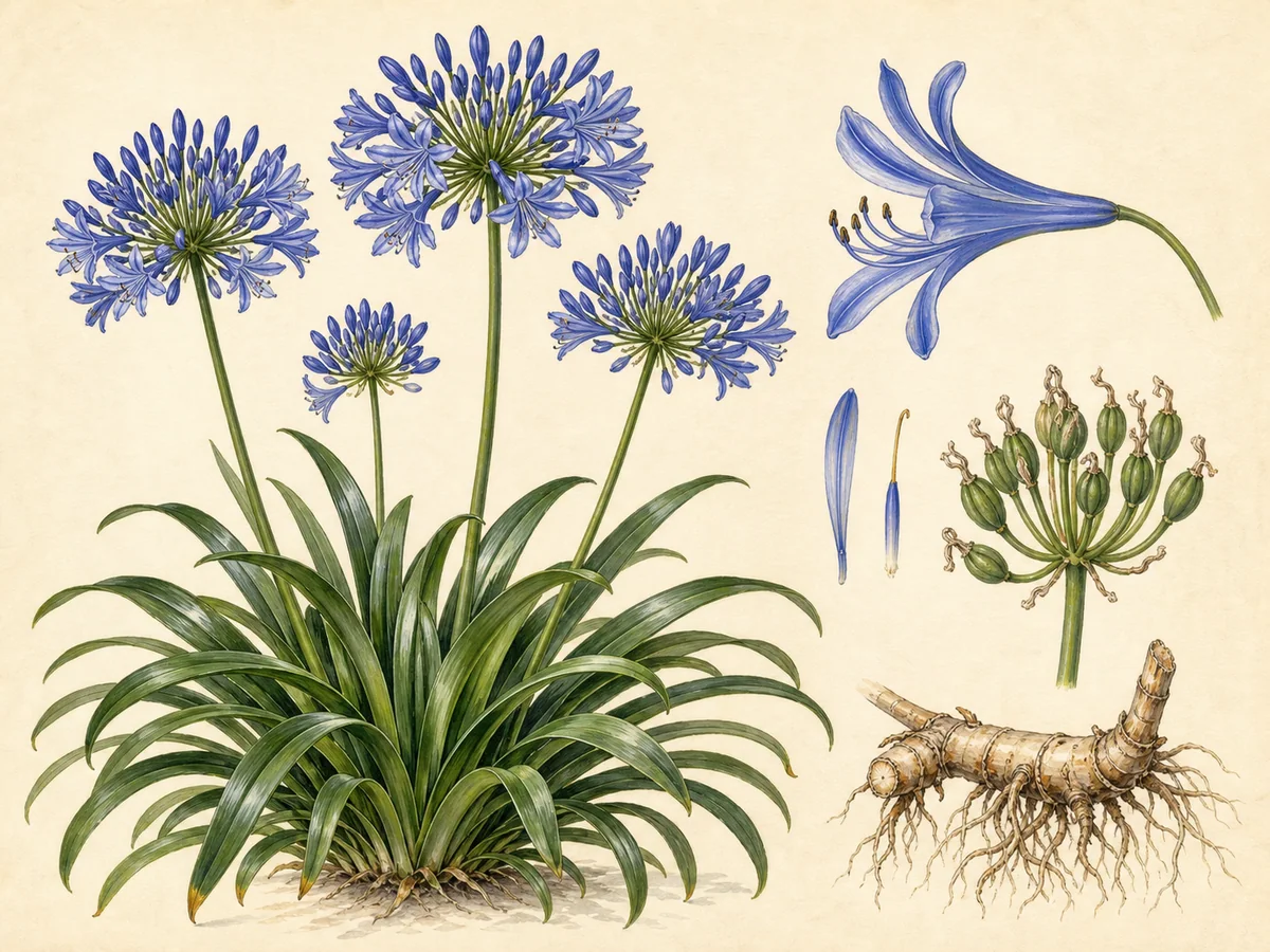 Ilustração botânica de um agapanto com folhas longas em fita e umbelas esféricas de flores azuis