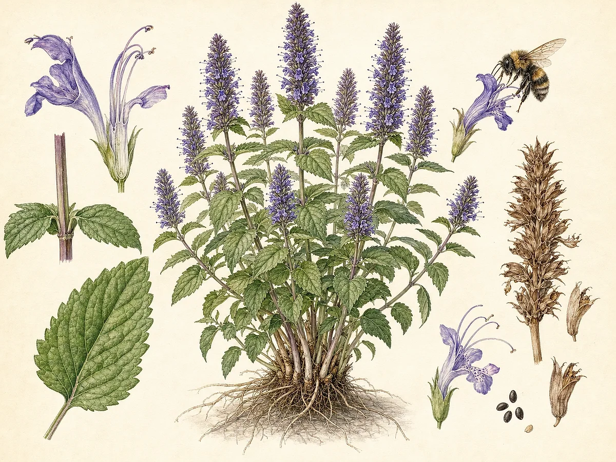 Ilustração botânica de agastache com caules quadrados, folhas opostas dentadas, espigas violetas de flores tubulares, quatro núculas e raiz