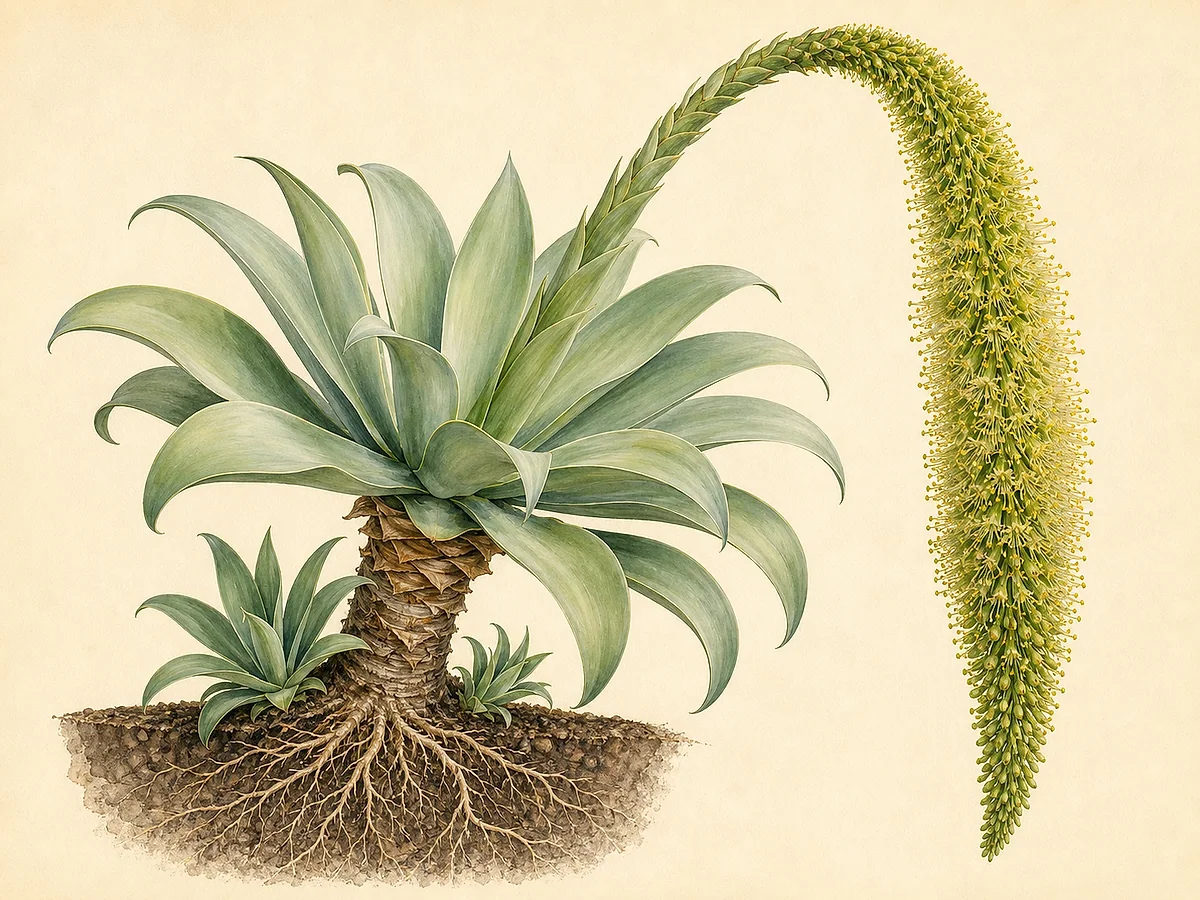 Ilustração botânica de agave-atenuada com roseta de folhas largas sem espinho terminal, tronco curto, rebentos basais e inflorescência curva