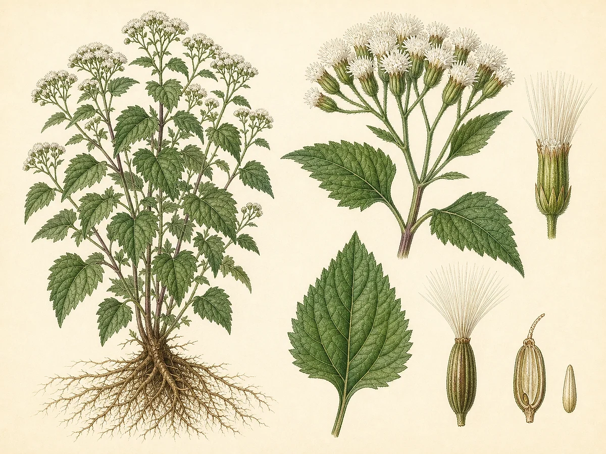 Prancha botânica de Ageratina adenophora com arbusto herbáceo, folhas opostas triangulares serradas, capítulos brancos, aquénios com papilho e raízes