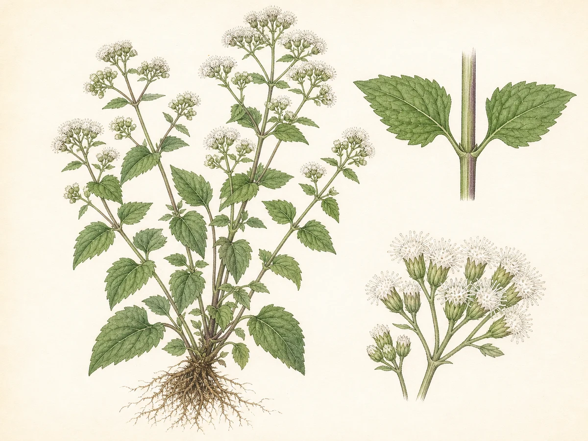 Prancha ilustrada de Ageratina riparia com moita ramificada, folhas opostas ovadas e pequenos capítulos claros reunidos em corimbos