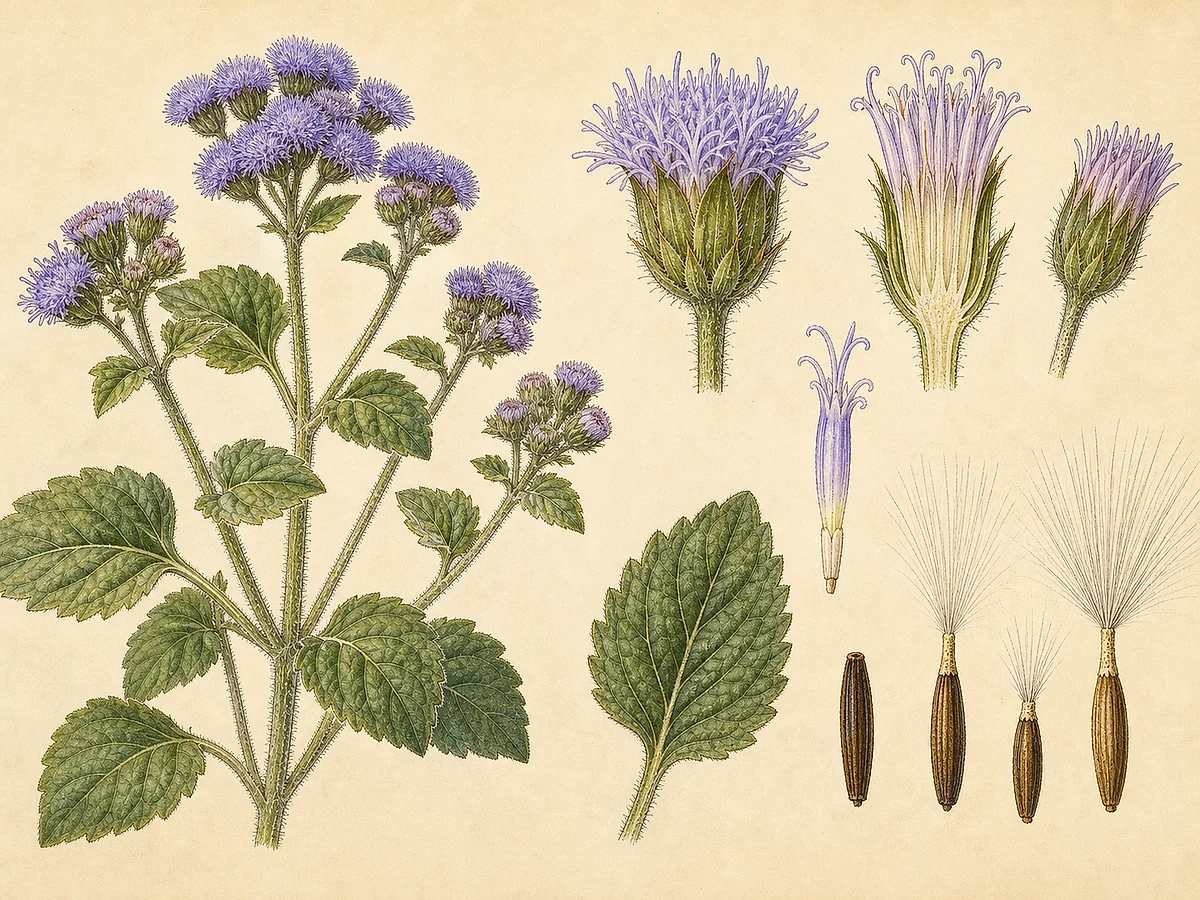 Prancha botânica de Ageratum houstonianum com erva ramificada, folhas opostas, capítulos azul-lilás, invólucro, aquénios e papilho