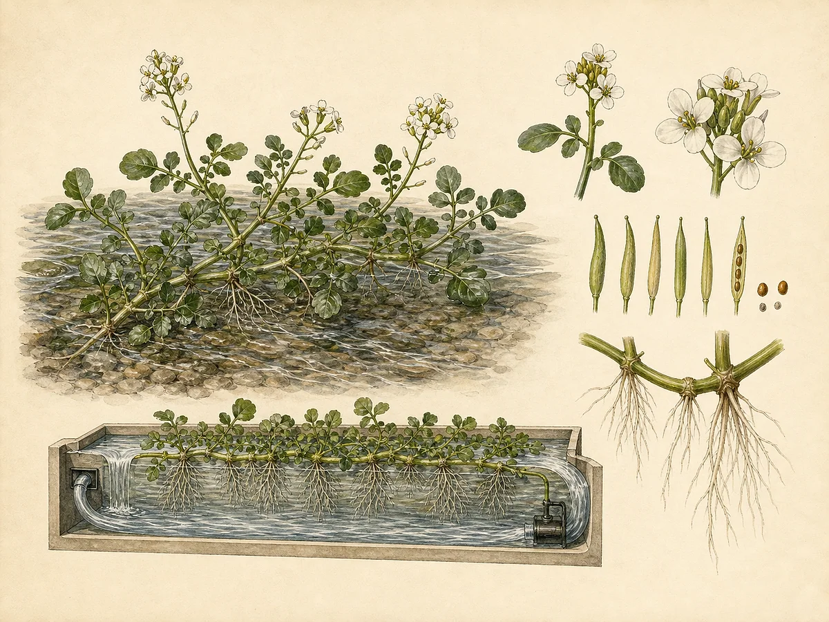 Ilustração botânica de agrião-de-água com caules ocos rasteiros, folhas pinadas arredondadas, raízes nos nós, flores brancas, síliquas e cultivo limpo em vaso