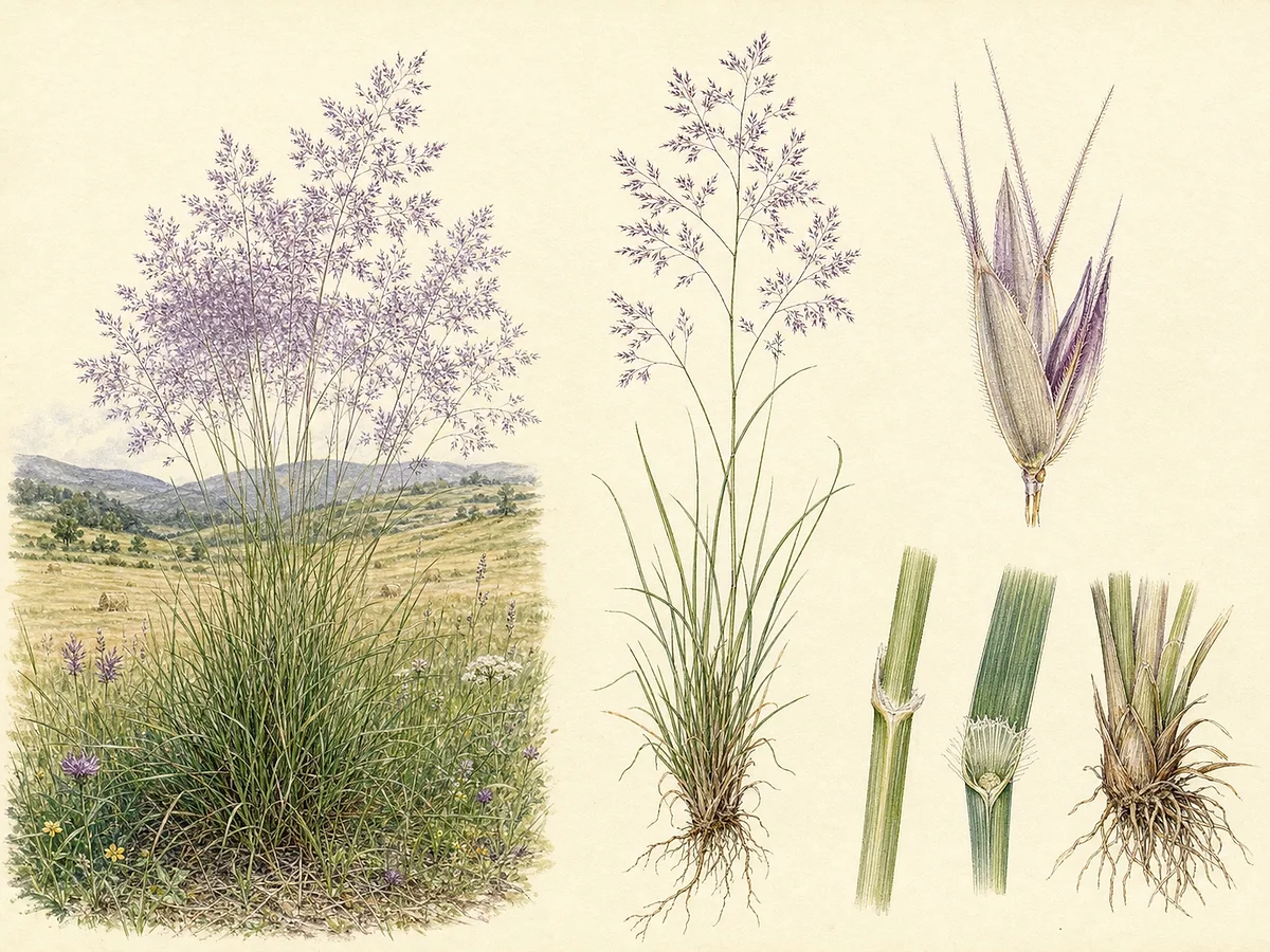 Prancha botânica de Agrostis castellana com tufo perene, folhas finas, panícula difusa púrpura e espigueta minúscula aristada