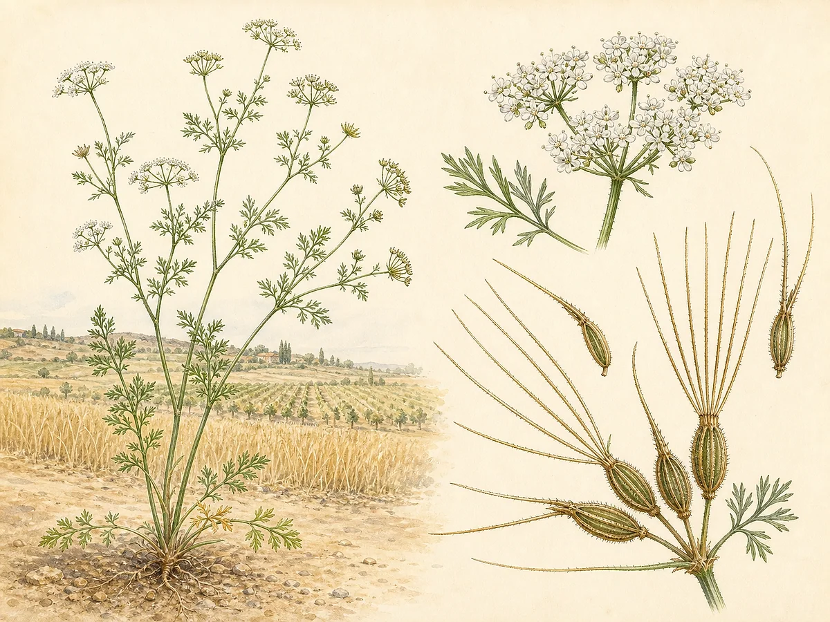 Prancha botânica de Scandix pecten-veneris subsp. pecten-veneris com folhas finamente divididas, pequenas umbelas brancas e longos frutos em forma de agulha
