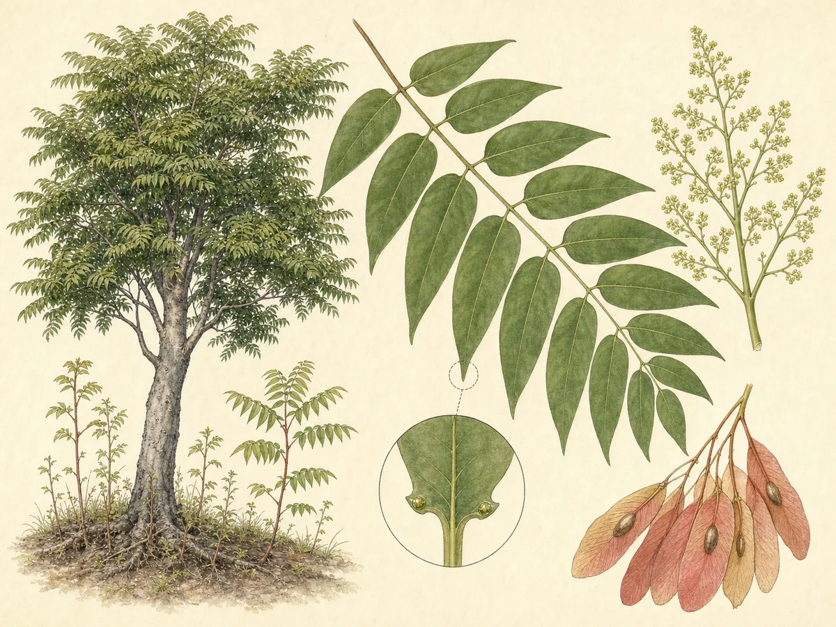 Prancha de Ailanthus altissima com árvore urbana, folha pinada de margens lisas e dentes basais glandulosos, panícula, sâmaras e rebentos