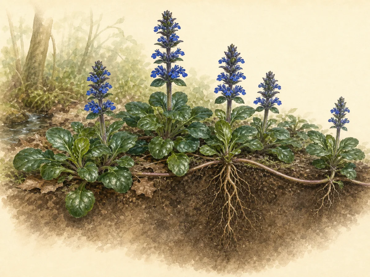 Ilustração botânica de ajuga rasteira com estolhos enraizados, rosetas de folhas espatuladas e espigas de flores azuis