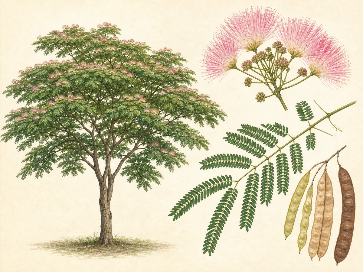 Prancha ilustrada de Albizia julibrissin com copa aberta, folhas alternas bipinadas plumosas, capítulos terminais de estames rosados e vagens planas pendentes