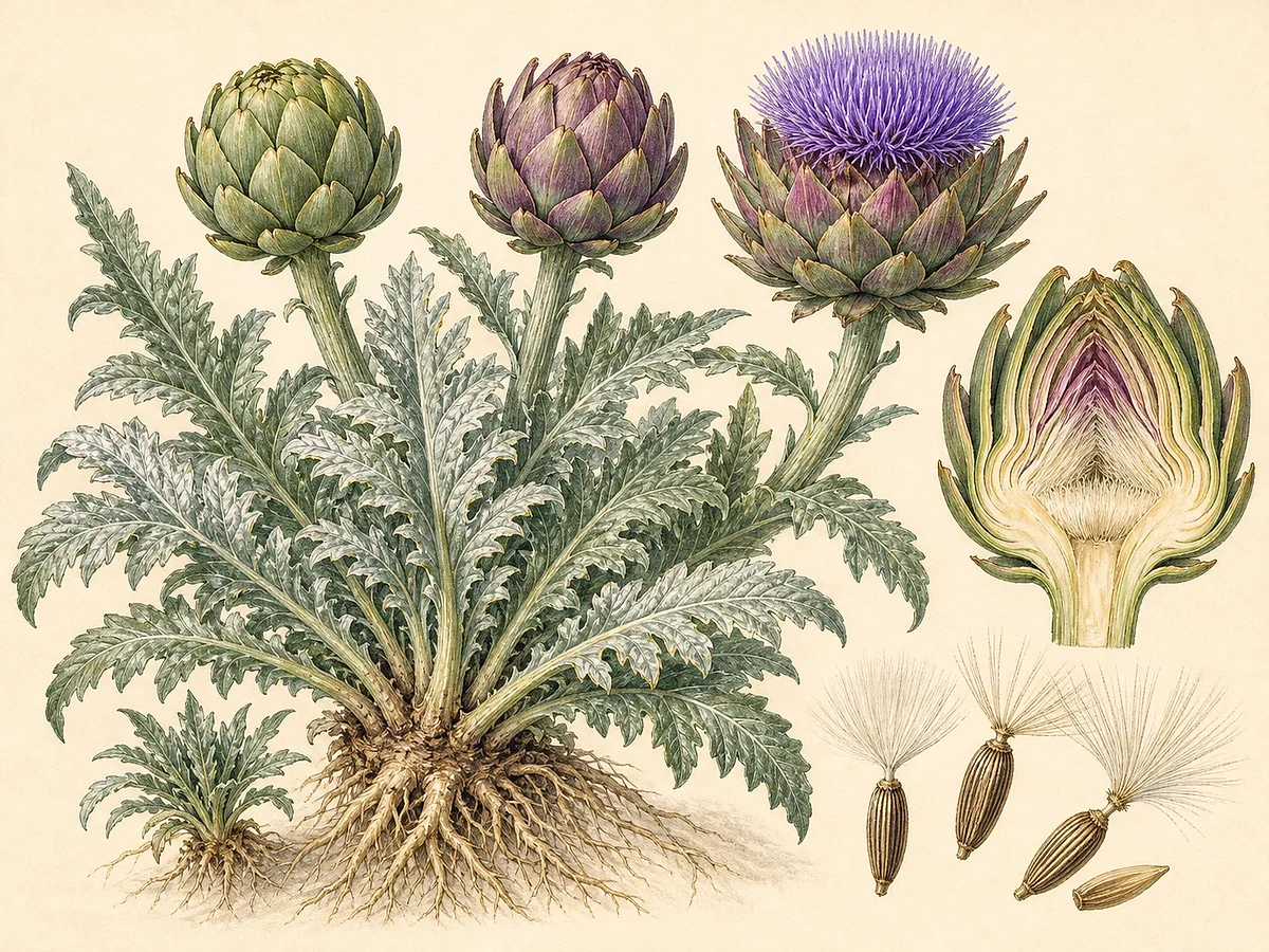 Ilustração botânica de alcachofra perene com folhas grandes prateadas, capítulos verdes fechados, flor roxa aberta, sementes e rebento basal