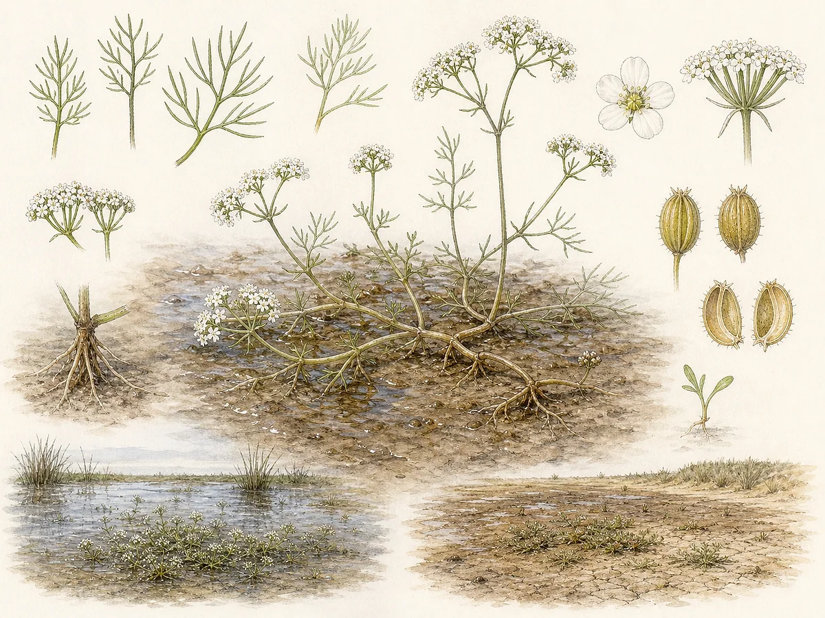 Prancha botânica de Caropsis verticillato-inundata com caules rastejantes, folhas finamente divididas, pequenas umbelas brancas e fruto