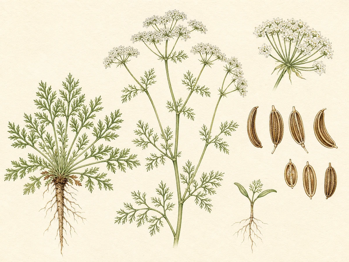 Prancha botânica de Carum carvi com roseta de folhas bipinadas, caule bienal, umbelas brancas e frutos curvos estreitos com cinco costas