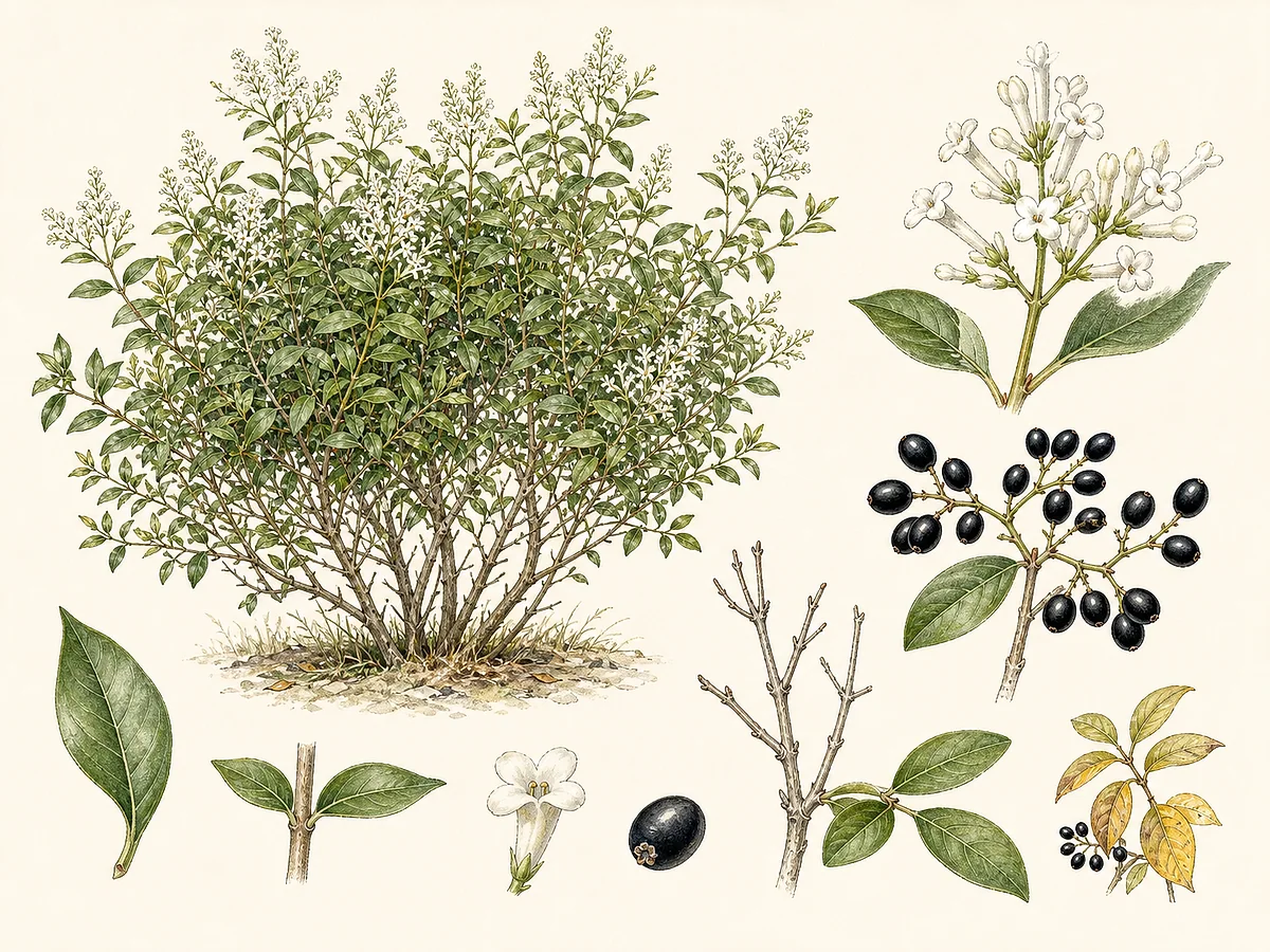 Prancha botânica de Ligustrum vulgare com arbusto caducifólio, folhas opostas glabras, panículas de pequenas flores brancas tubulares e bagas negras