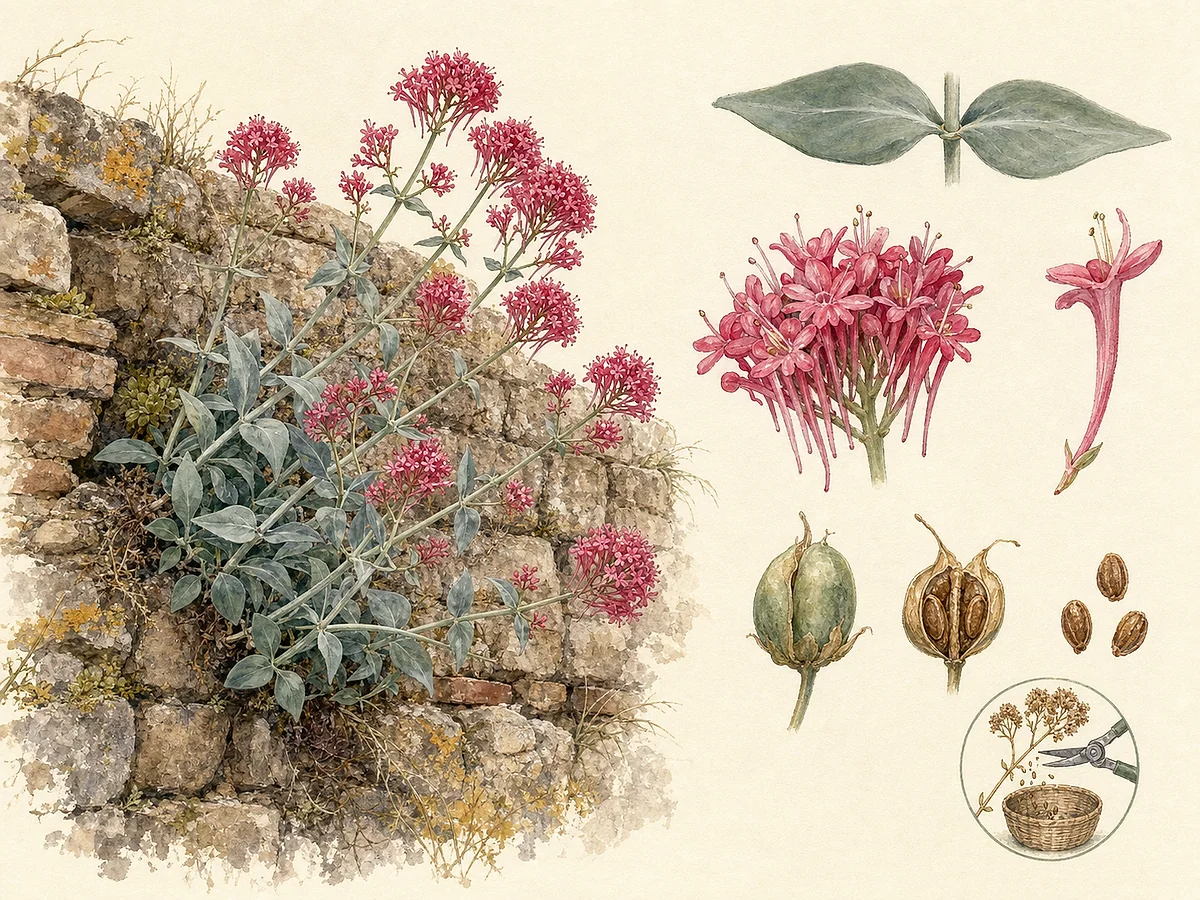 Prancha botânica de Centranthus ruber subsp. ruber com caules glaucos, folhas opostas inteiras e cachos densos de pequenas flores rosa-avermelhadas com esporão
