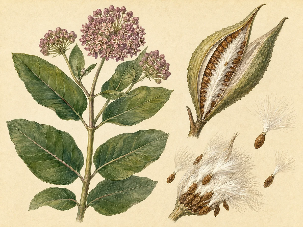 Prancha botânica preventiva de Asclepias syriaca com caules, folhas opostas, umbelas rosadas, folículo e sementes com penacho