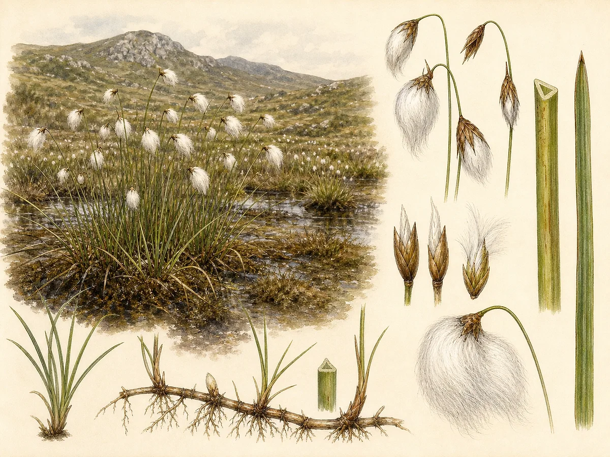 Prancha botânica de Eriophorum angustifolium com rizoma rastejante, folhas estreitas, várias espiguetas pendentes e sedas brancas frutíferas