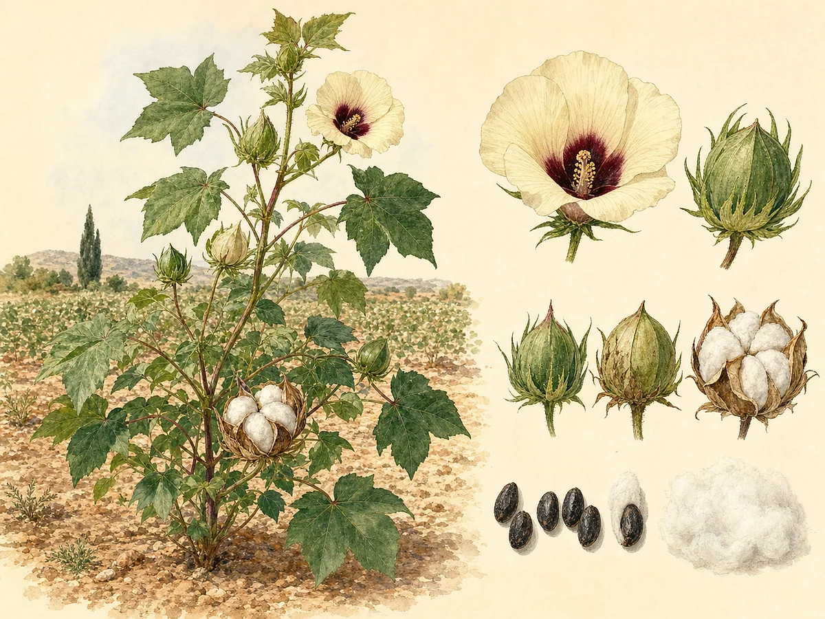 Prancha botânica de Gossypium herbaceum com folhas palmadas, flores creme de centro escuro, cápsulas verdes e capulhos abertos de fibra branca envolvendo sementes