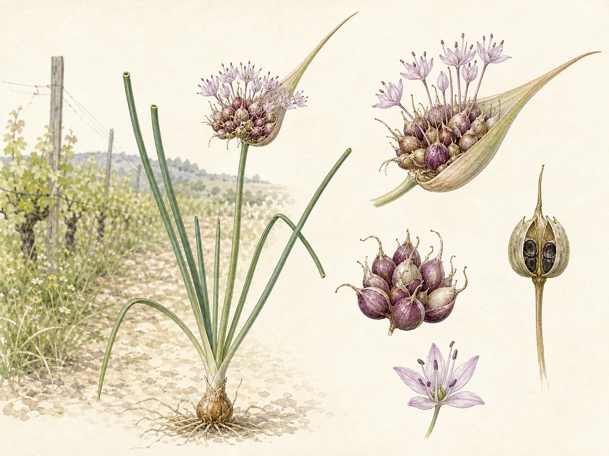 Prancha botânica de Allium vineale com folhas tubulares, umbela arroxeada parcialmente substituída por bolbilhos, espata comprida, cápsula e bolbo