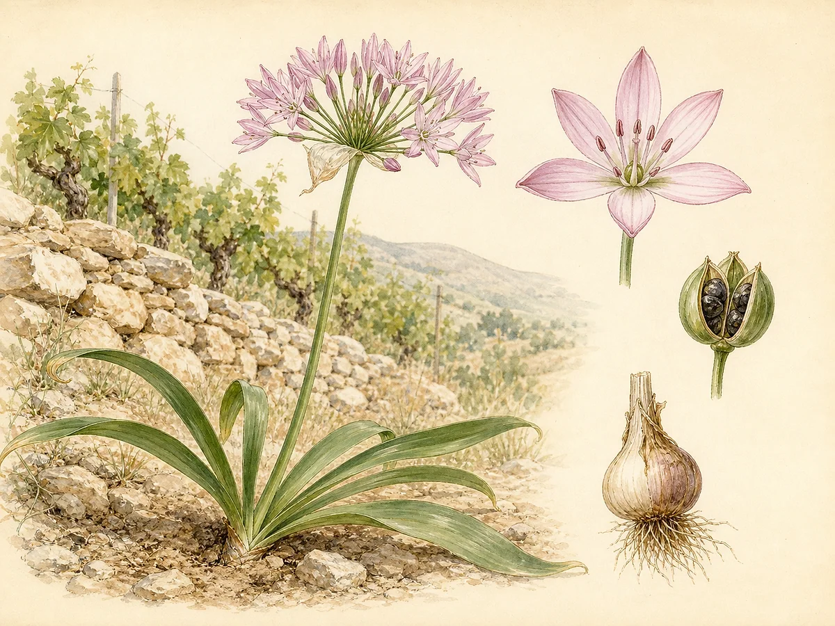 Prancha botânica de Allium roseum com folhas basais planas, umbela aberta de flores rosa-pálidas de seis tépalas, espata, cápsula e bolbo