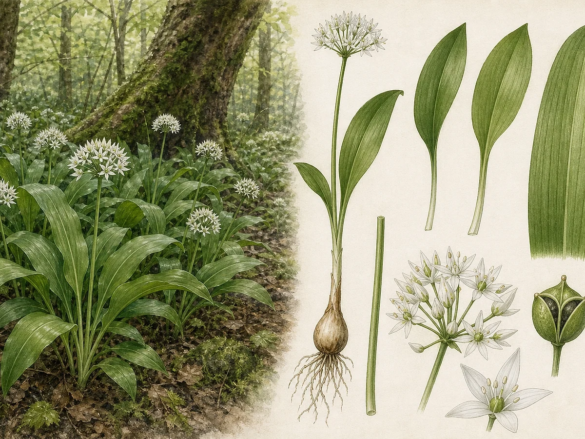 Prancha botânica de Allium ursinum subsp. ursinum com bolbo estreito, duas folhas largas basais, haste triangular, umbela de flores brancas estreladas e cápsula