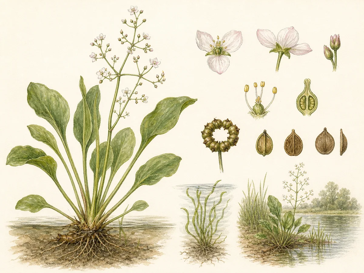 Prancha botânica de Alisma plantago-aquatica com roseta de folhas ovais longamente pecioladas, panícula aérea de pequenas flores brancas, aquénios e rizoma