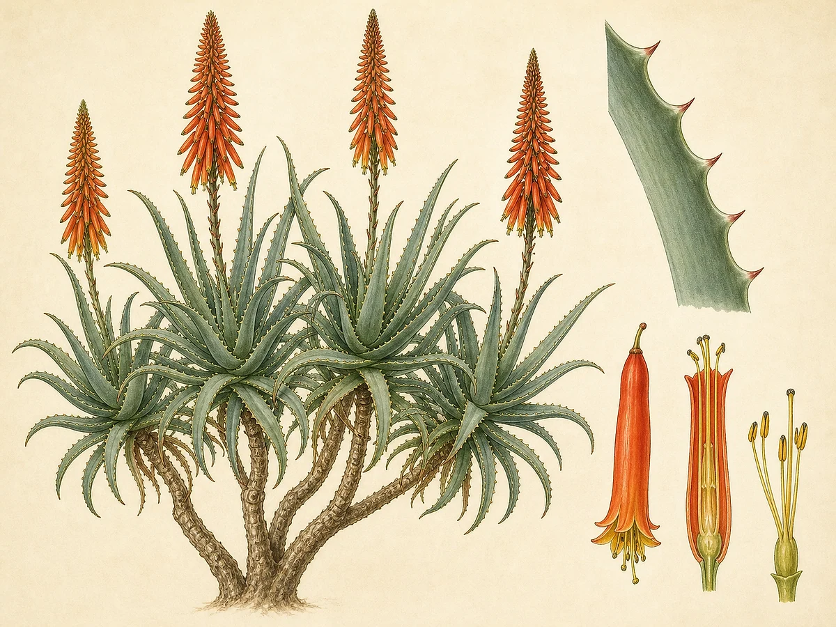 Prancha botânica de Aloe arborescens com caules ramificados, rosetas de folhas dentadas e racemos de flores vermelho-alaranjadas