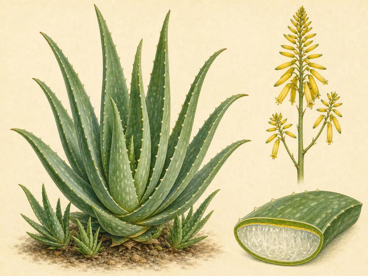 Ilustração botânica de um aloé-vera em roseta com folhas suculentas serrilhadas, rebentos e haste floral amarela