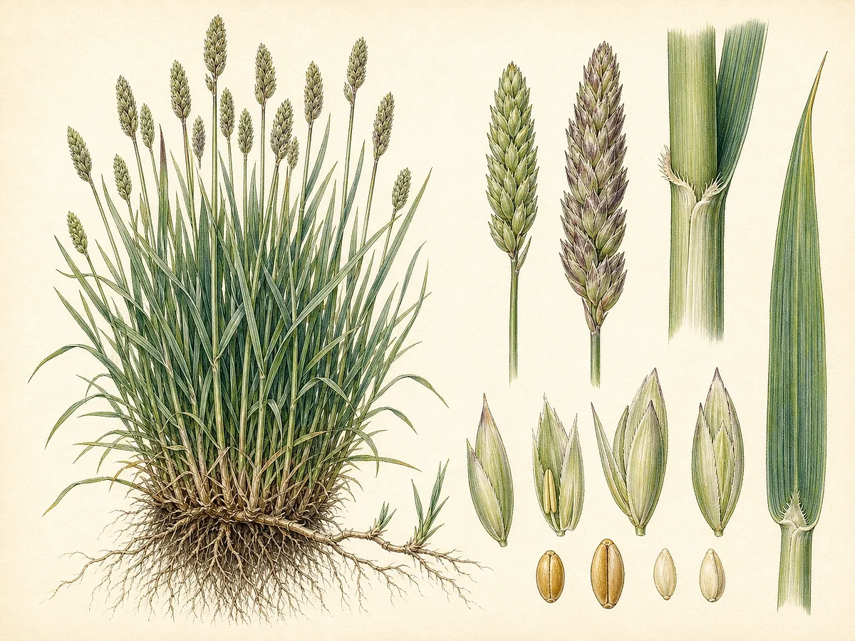 Prancha de Phalaris aquatica com touceira perene, folhas lineares, panículas densas, bainha, lígula, espiguetas, grãos e raízes