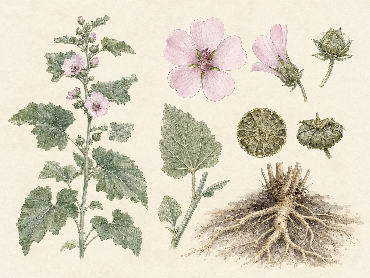 Prancha botânica de Althaea officinalis com perene cinzento-aveludada, folhas ovais lobadas, flores rosa-pálido, esquizocarpo discoide e raiz grossa