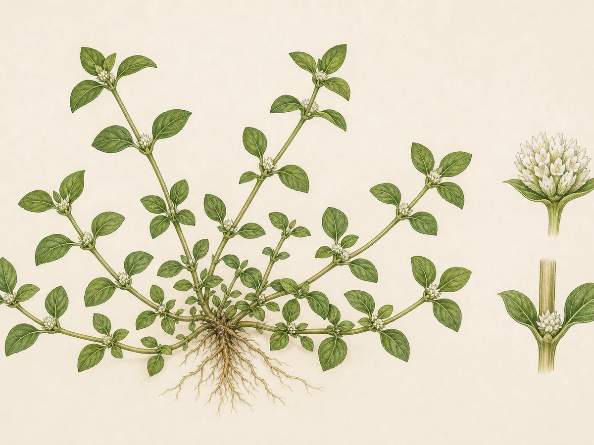 Prancha ilustrada de Alternanthera caracasana com erva rasteira de caules ramificados, folhas opostas ovadas, cabeças florais brancas axilares e raízes nos nós