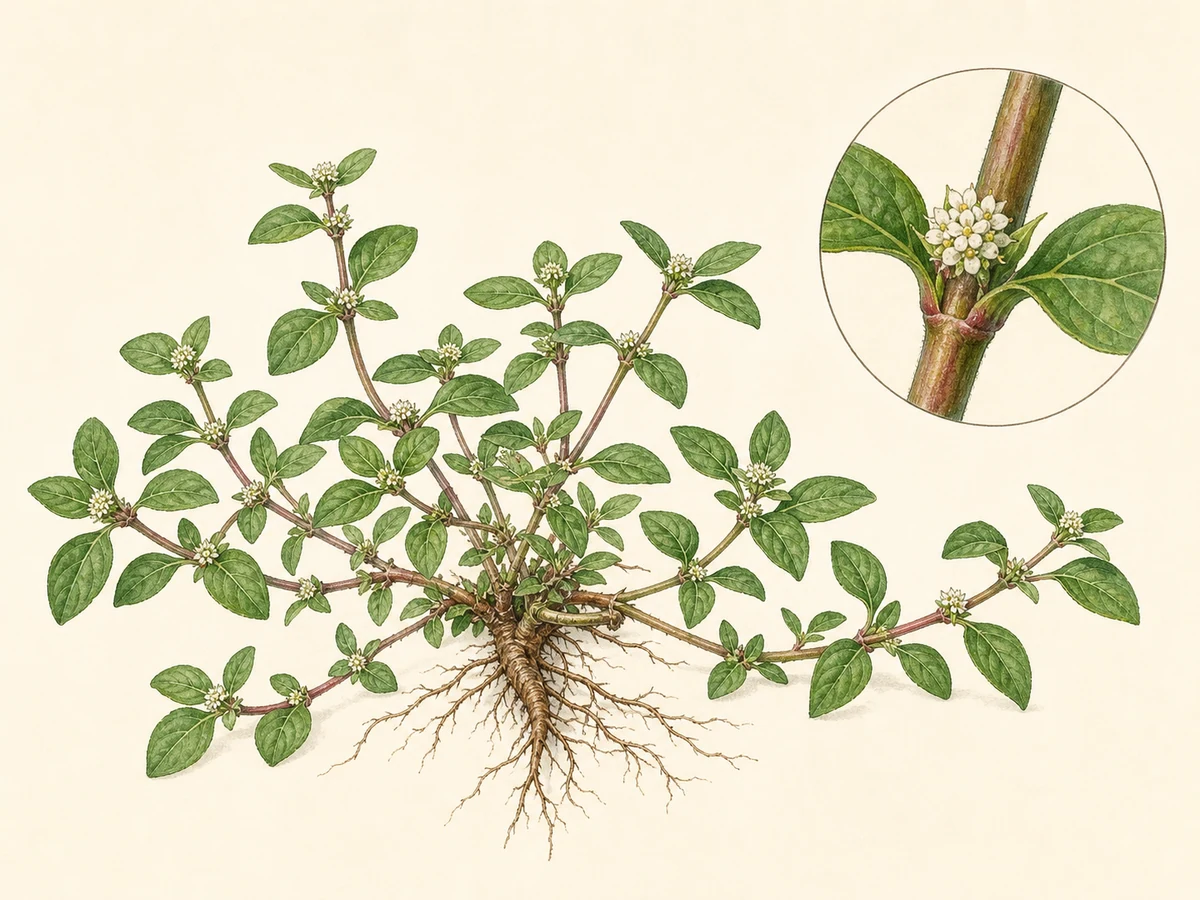 Prancha ilustrada de Alternanthera nodiflora com erva decumbente de cepa lenhosa, folhas opostas, cabeças florais brancas nos nós e detalhe da inserção nodal